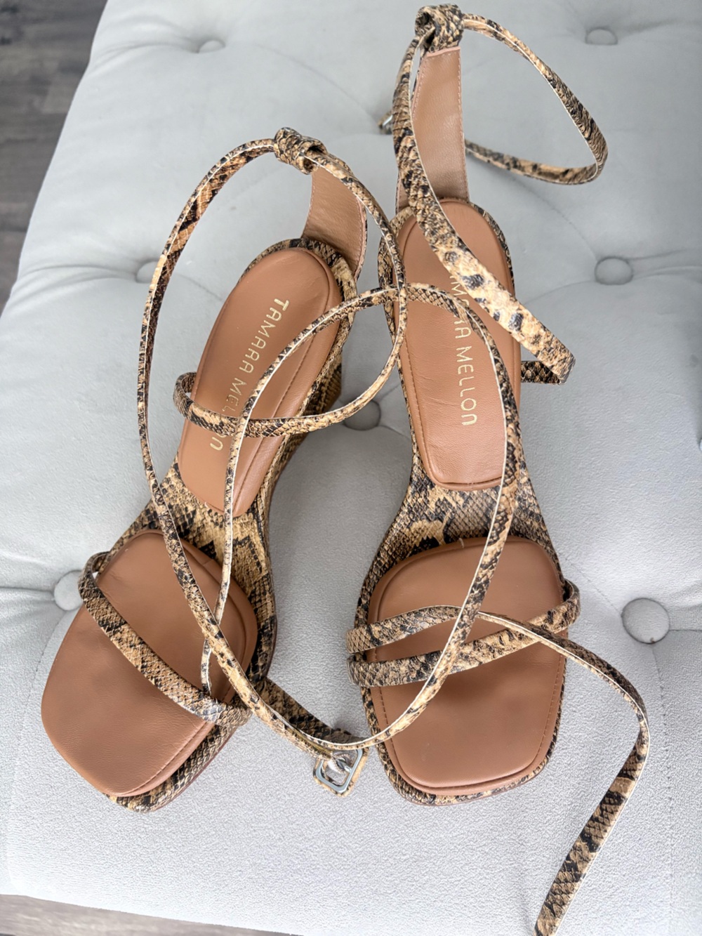 Tamara Mellon Brown Tan Snake-Print Strappy Sandals